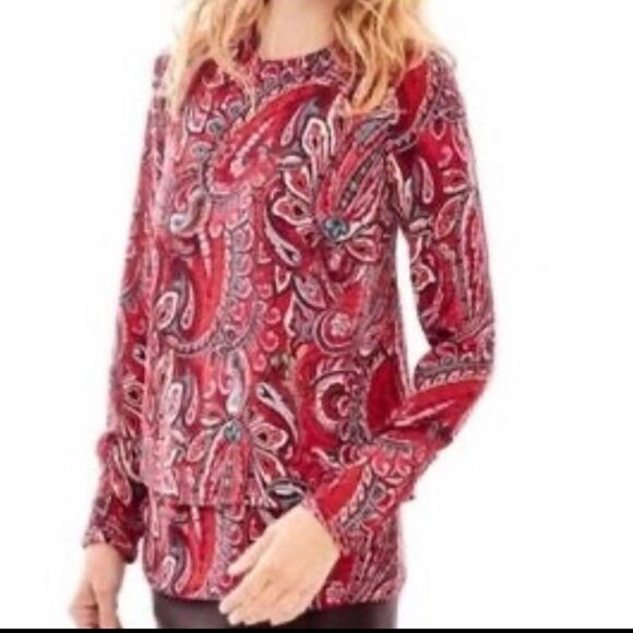 J. Jill Layered Paisley Long Sleeves Tunic Red Medium - Picture 1 of 11